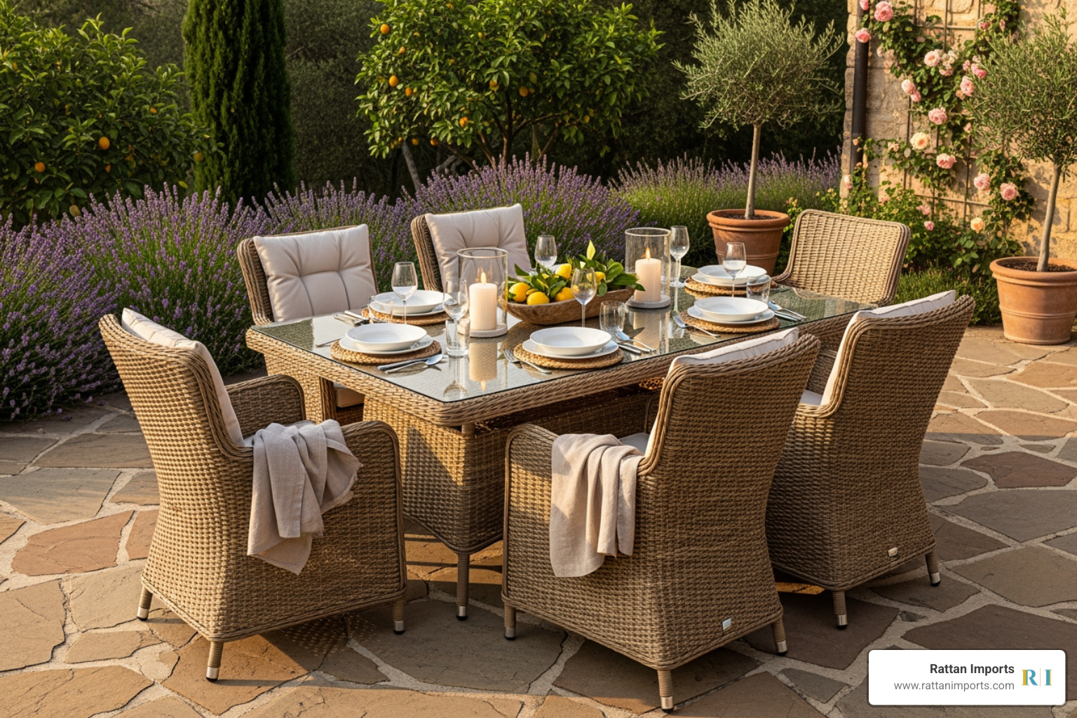 neat outdoor rattan dining set for six on a stone patio, ready for an al fresco meal - Outdoor Rattan patio furniture neat outdoor rattan dining set for six on a stone patio, ready for an al fresco meal - Outdoor Rattan patio furniture