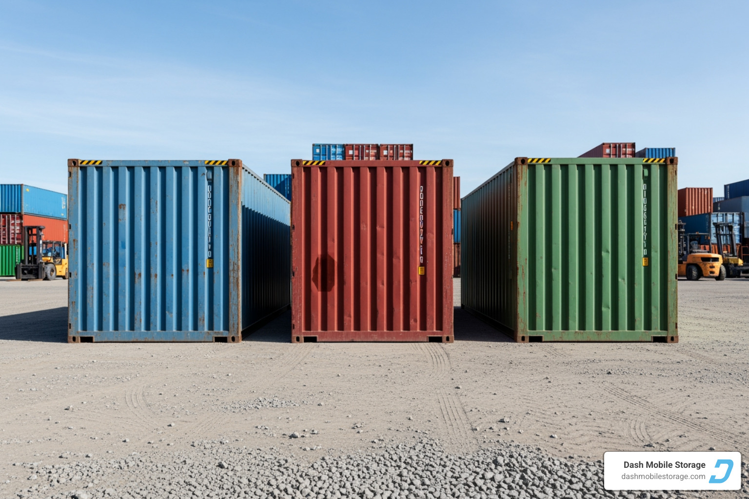 showing different sizes of conex containers (10ft, 20ft, 40ft) side-by-side for comparison - conex container rental