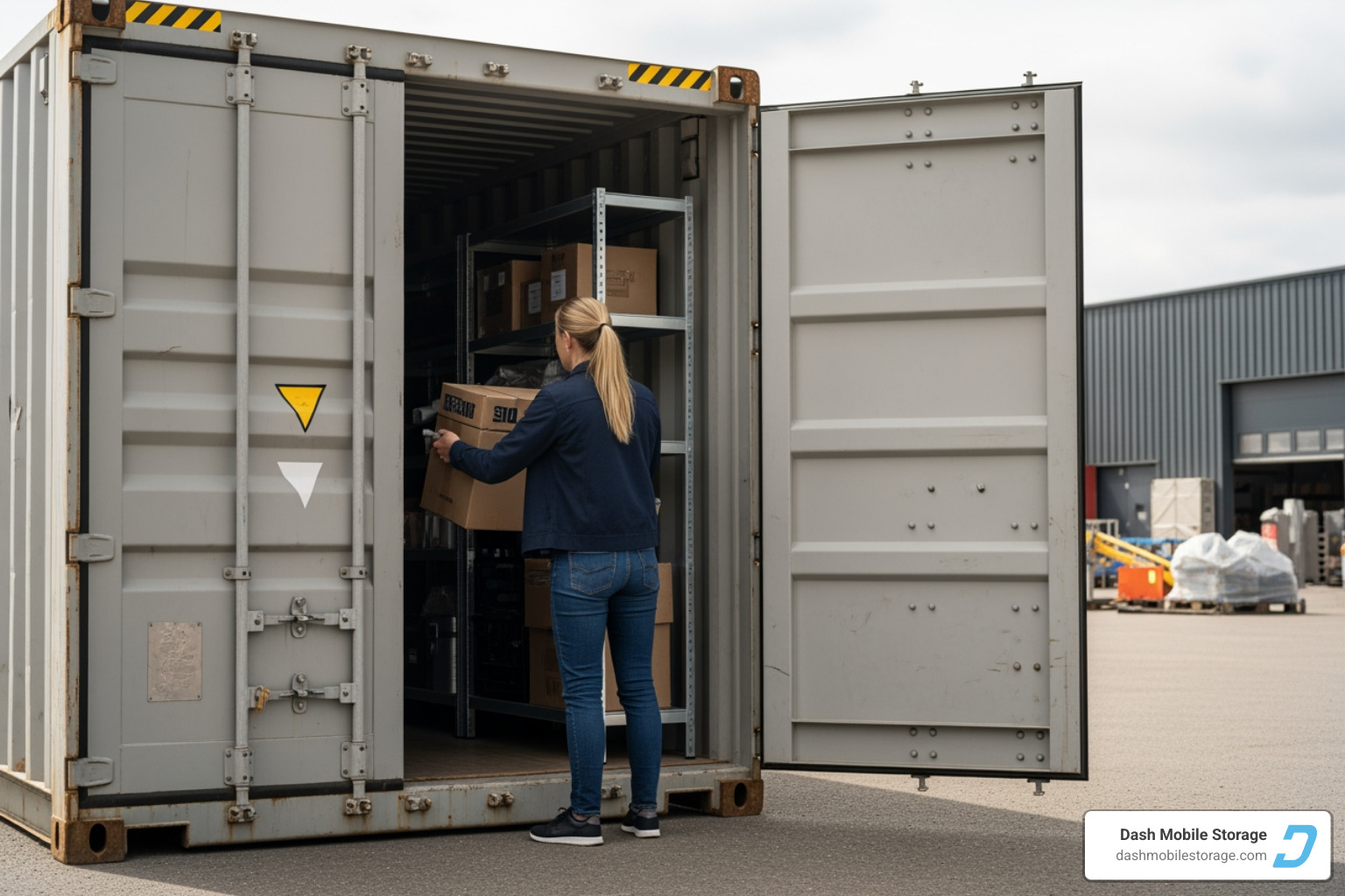 of a business owner easily accessing items in a rented container - conex container rental