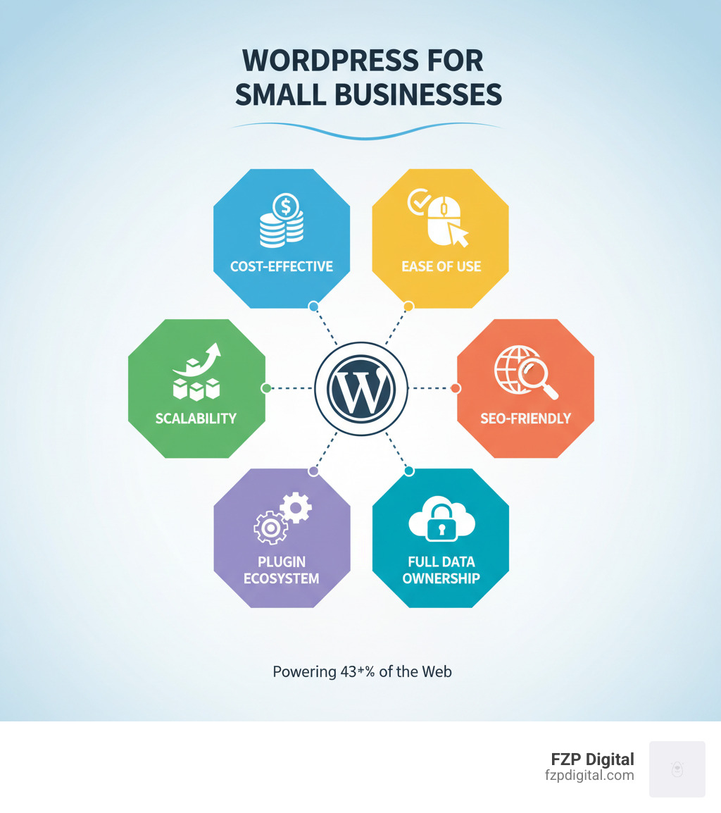 Infographic illustrating the key benefits of a WordPress website for small businesses, including cost-effectiveness, ease of use, scalability, SEO-friendliness, extensive plugin ecosystem, and full data ownership. - small business wordpress website design infographic Infographic illustrating the key benefits of a WordPress website for small businesses, including cost-effectiveness, ease of use, scalability, SEO-friendliness, extensive plugin ecosystem, and full data ownership. - small business wordpress website design infographic
