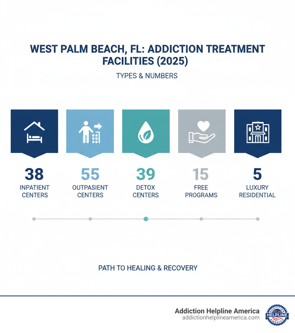 Infographic detailing types and numbers of addiction treatment facilities in West Palm Beach, FL, including inpatient, outpatient, detox, free programs, and luxury residential centers. - drug rehab centers in west palm beach florida infographic 