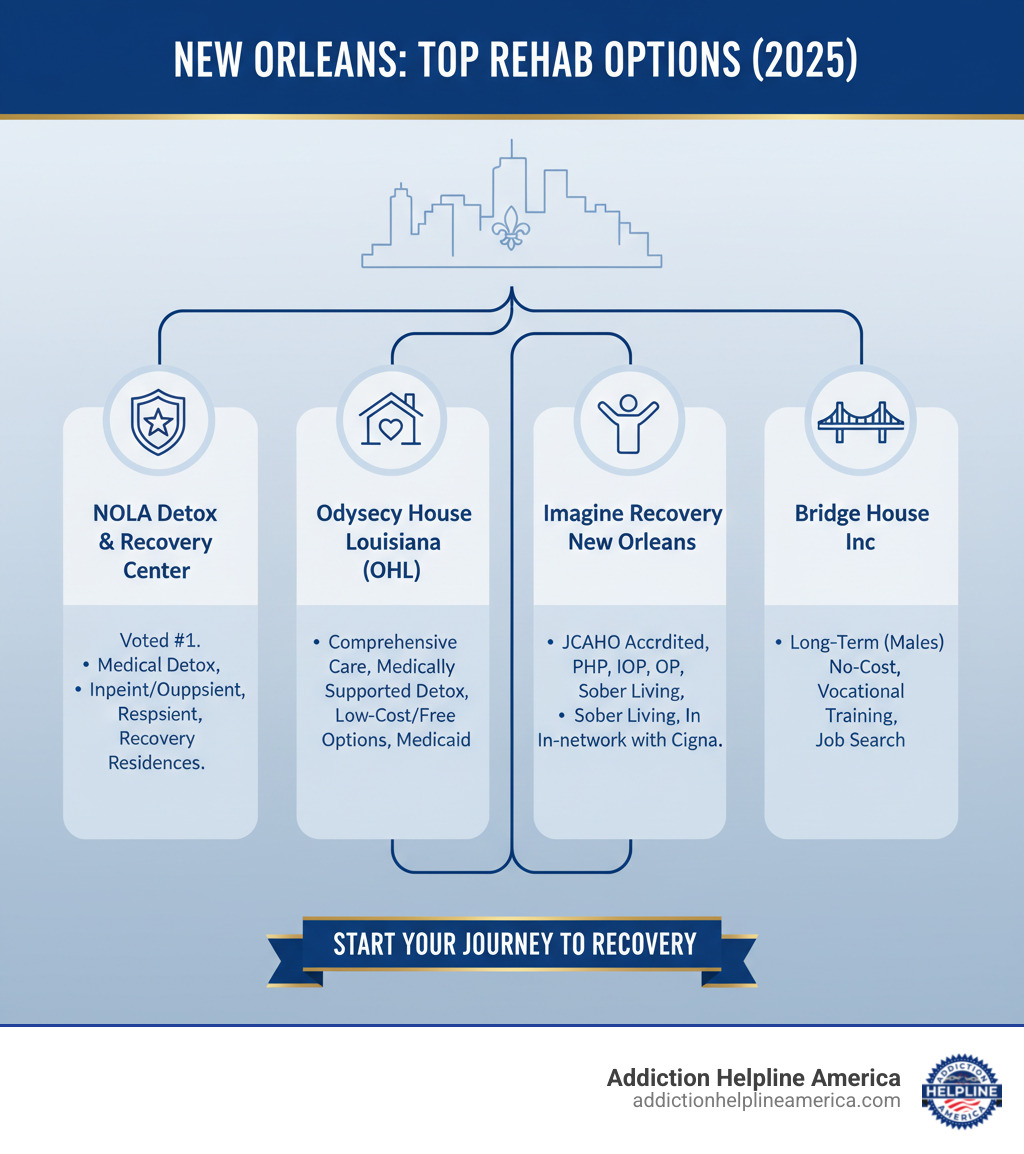 Infographic detailing top drug and alcohol rehab options in New Orleans with their key features - drug and alcohol rehab in new orleans infographic 
