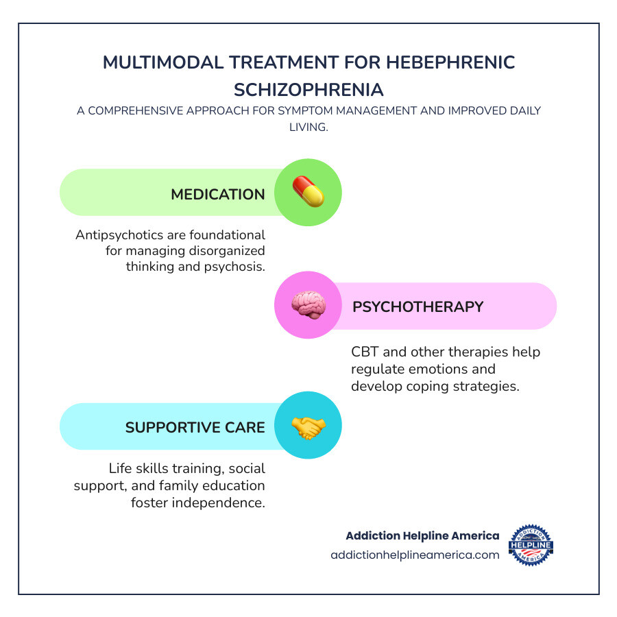 Infographic detailing the multimodal approach to hebephrenic schizophrenia treatment, including medication, psychotherapy, and supportive therapies - hebephrenic schizophrenia treatment infographic infographic-line-3-steps-colors Infographic detailing the multimodal approach to hebephrenic schizophrenia treatment, including medication, psychotherapy, and supportive therapies - hebephrenic schizophrenia treatment infographic infographic-line-3-steps-colors
