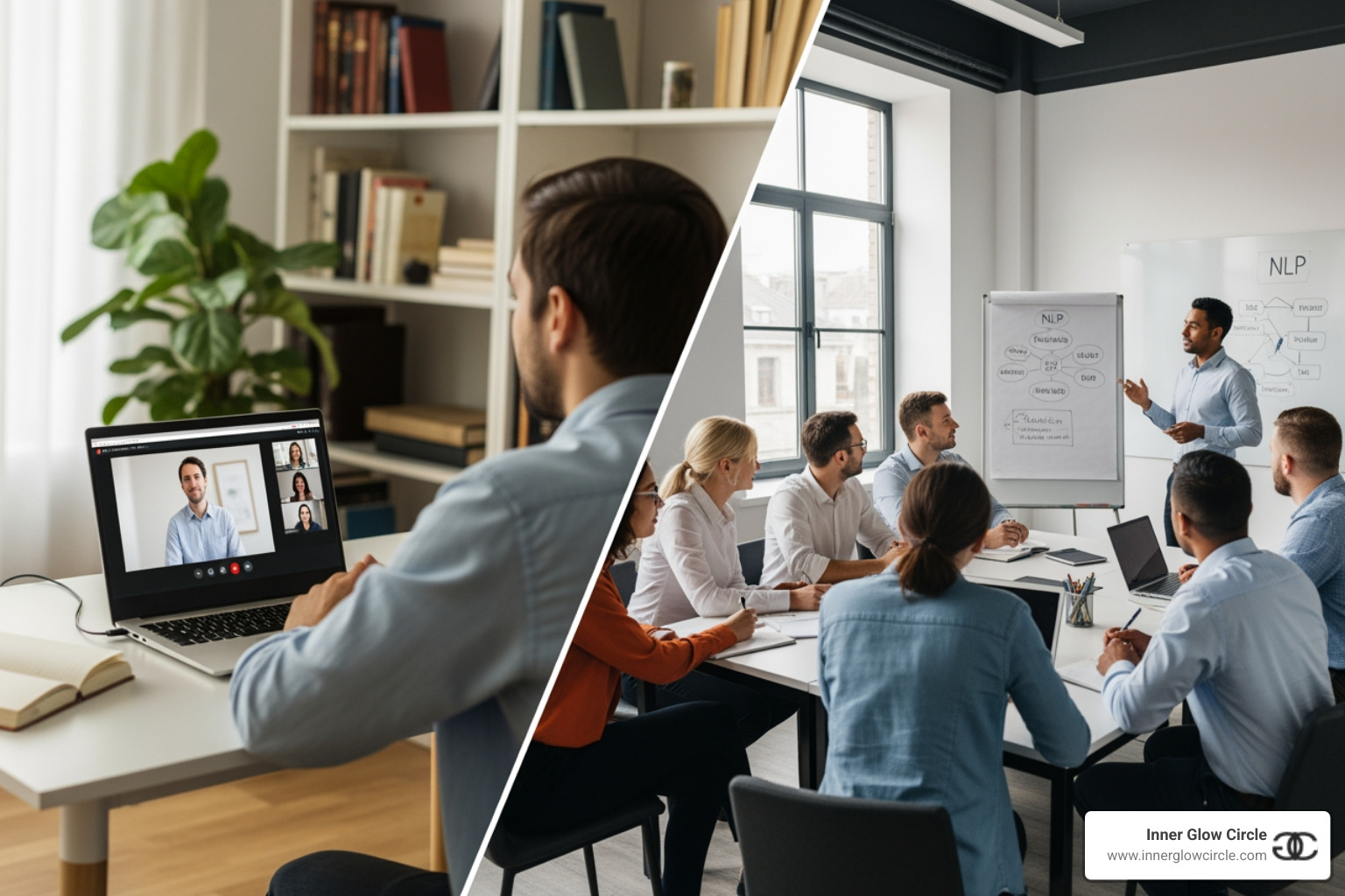 An online NLP class on a laptop compared to an in-person training group - nlp certification