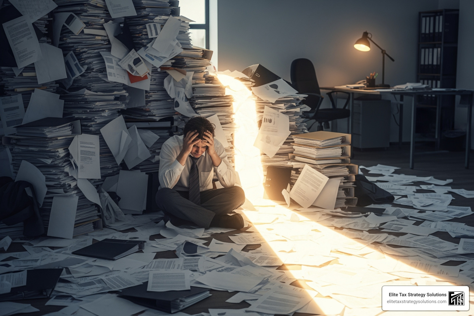 A person looking stressed while surrounded by paperwork, with a clear path drawn through it - Tax compliance for businesses A person looking stressed while surrounded by paperwork, with a clear path drawn through it - Tax compliance for businesses