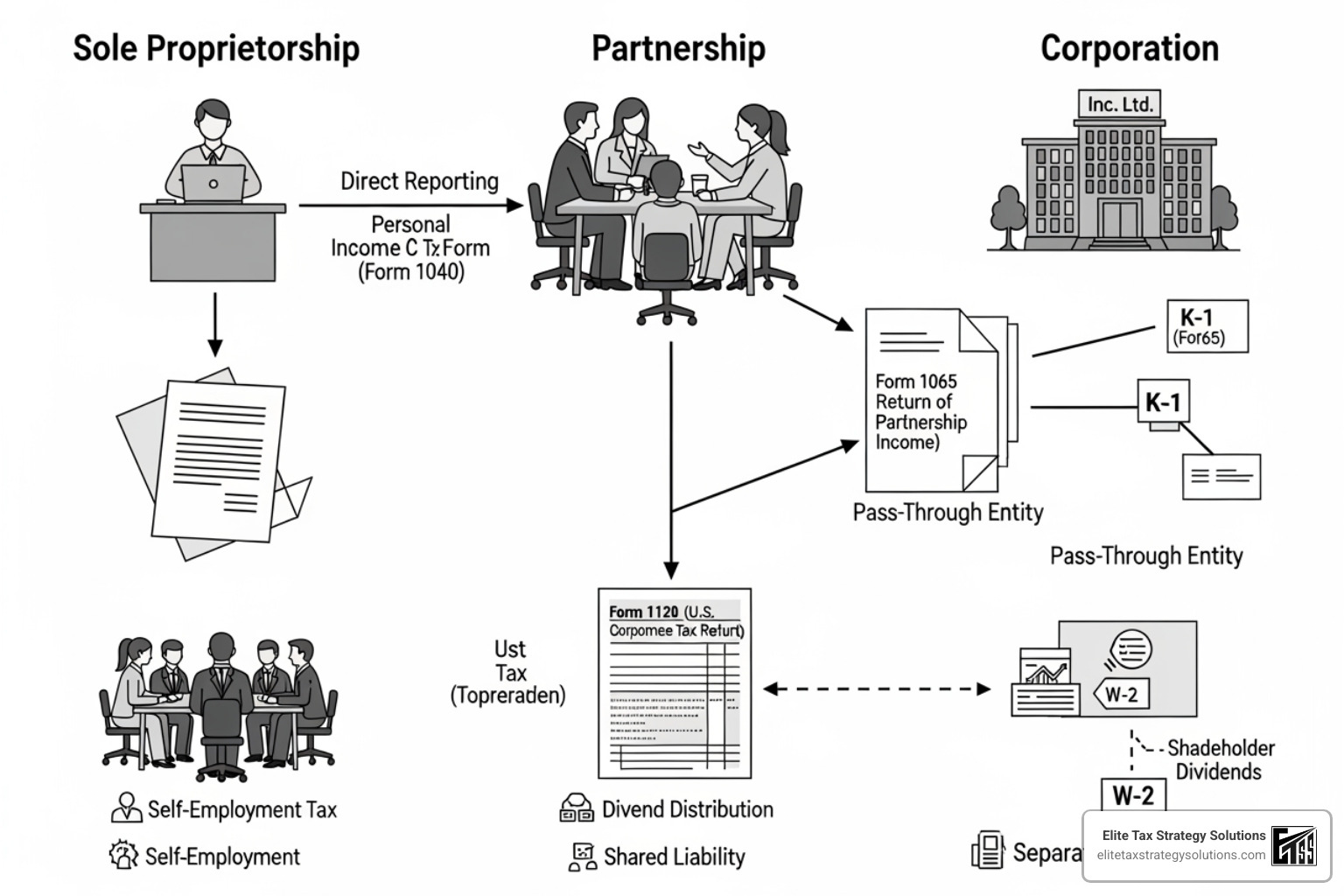 A flowchart showing different business structures leading to different tax types - Tax compliance for businesses A flowchart showing different business structures leading to different tax types - Tax compliance for businesses
