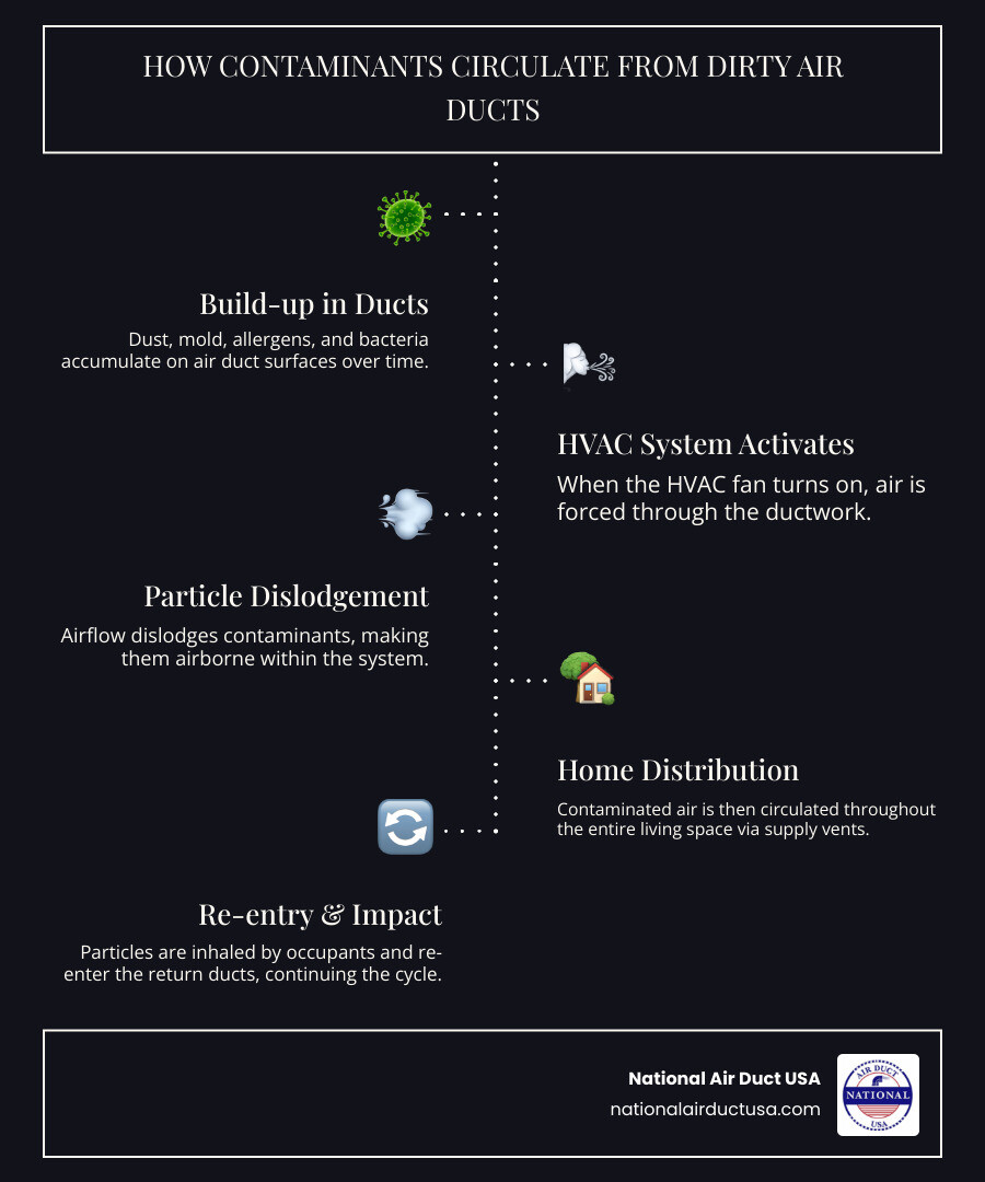 Infographic explaining how contaminants like dust, mold, and allergens circulate from dirty air ducts throughout a home. - air duct sanitizing fogger infographic infographic-line-5-steps-dark Infographic explaining how contaminants like dust, mold, and allergens circulate from dirty air ducts throughout a home. - air duct sanitizing fogger infographic infographic-line-5-steps-dark