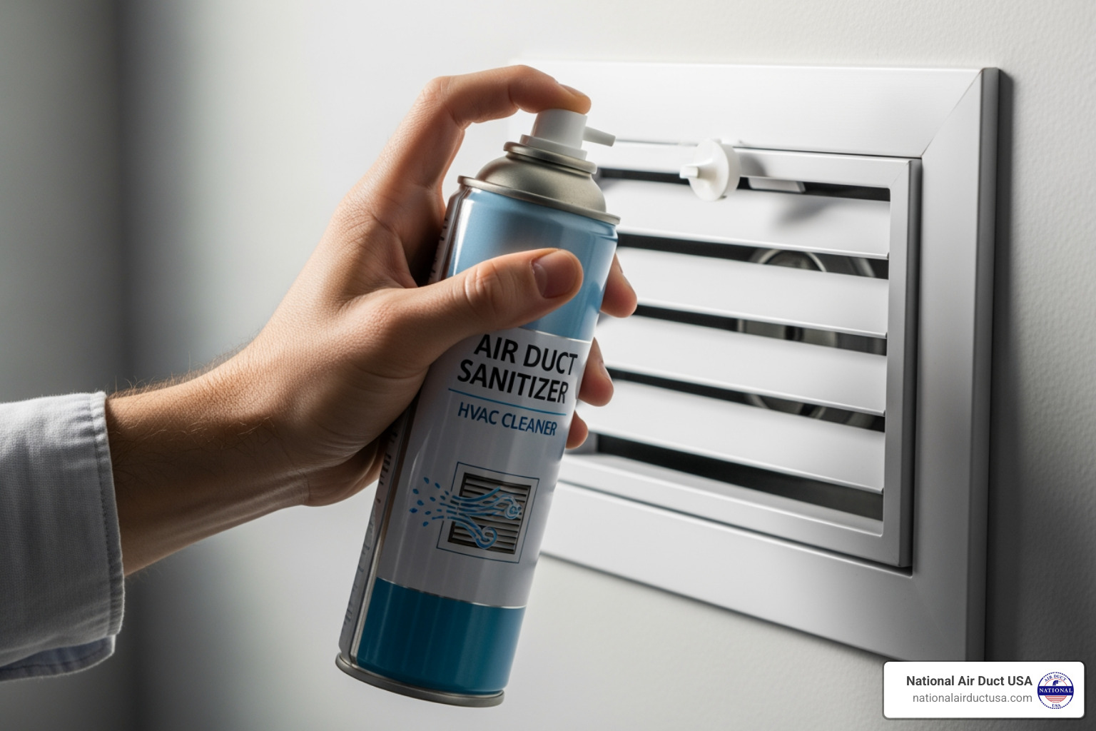 hand placing a DIY aerosol fogger can in front of a return air vent - air duct sanitizing fogger hand placing a DIY aerosol fogger can in front of a return air vent - air duct sanitizing fogger