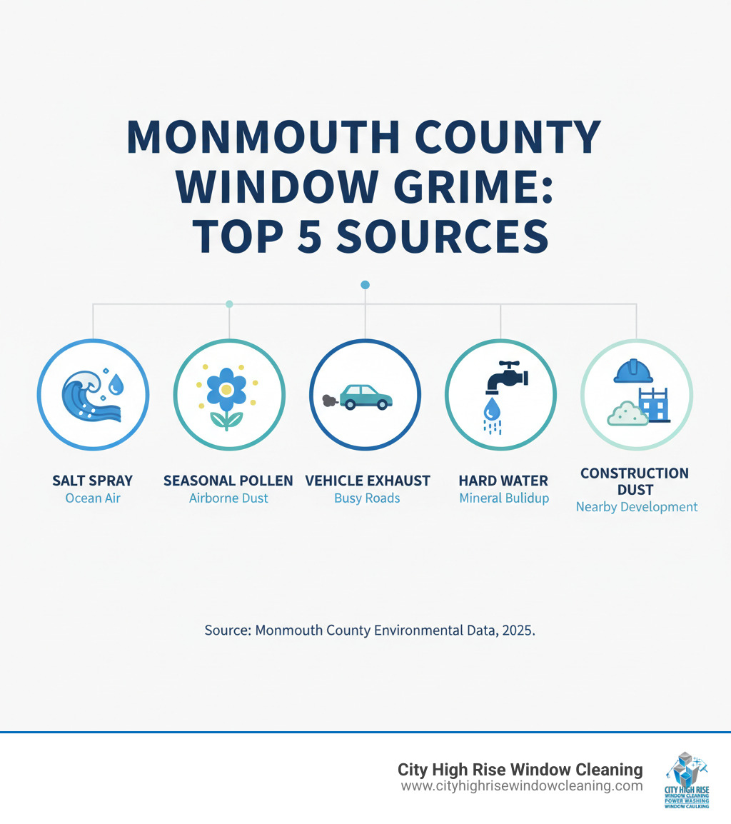 infographic showing top 5 sources of window grime in Monmouth County: salt spray from ocean air, seasonal pollen deposits, vehicle exhaust on busy roads, hard water mineral buildup, and construction dust from nearby development - monmouth county window cleaning infographic infographic showing top 5 sources of window grime in Monmouth County: salt spray from ocean air, seasonal pollen deposits, vehicle exhaust on busy roads, hard water mineral buildup, and construction dust from nearby development - monmouth county window cleaning infographic