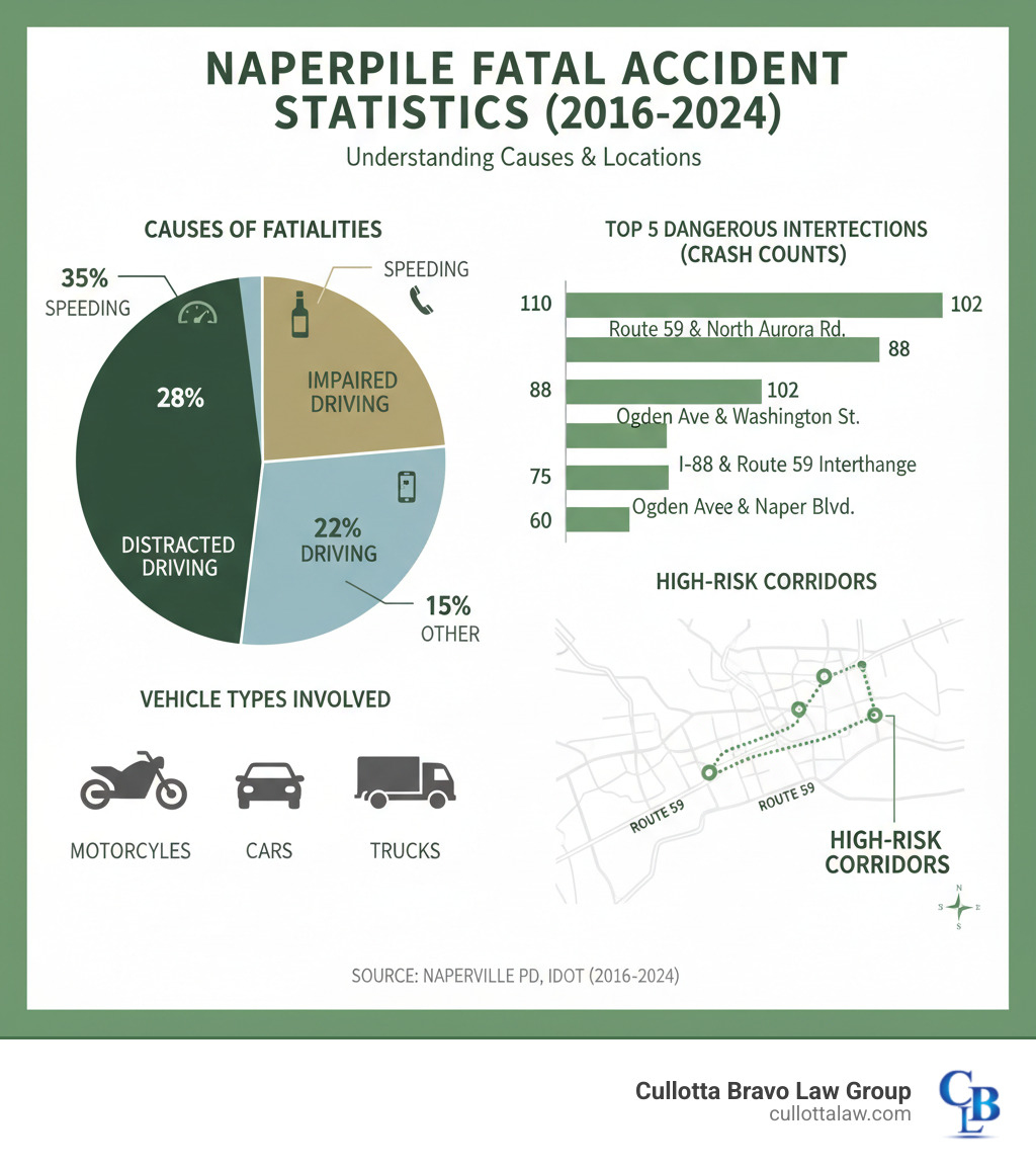 Infographic showing Naperville fatal accident statistics: pie chart of causes (speeding 35%, impaired driving 28%, distracted driving 22%, other 15%), bar graph of top 5 dangerous intersections with crash counts, icons representing vehicle types involved (motorcycles, cars, trucks), and map highlighting Route 59 and I-88 corridors - Fatal accident Naperville infographic 