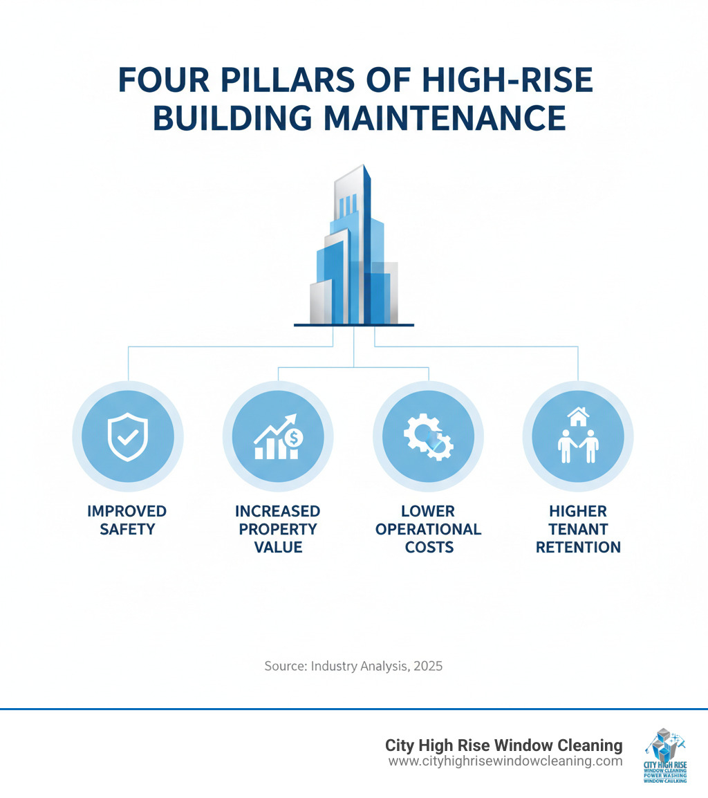 infographic showing the four pillars of high-rise building maintenance: improved safety, increased property value, lower operational costs, and higher tenant retention - High-rise building maintenance infographic infographic showing the four pillars of high-rise building maintenance: improved safety, increased property value, lower operational costs, and higher tenant retention - High-rise building maintenance infographic