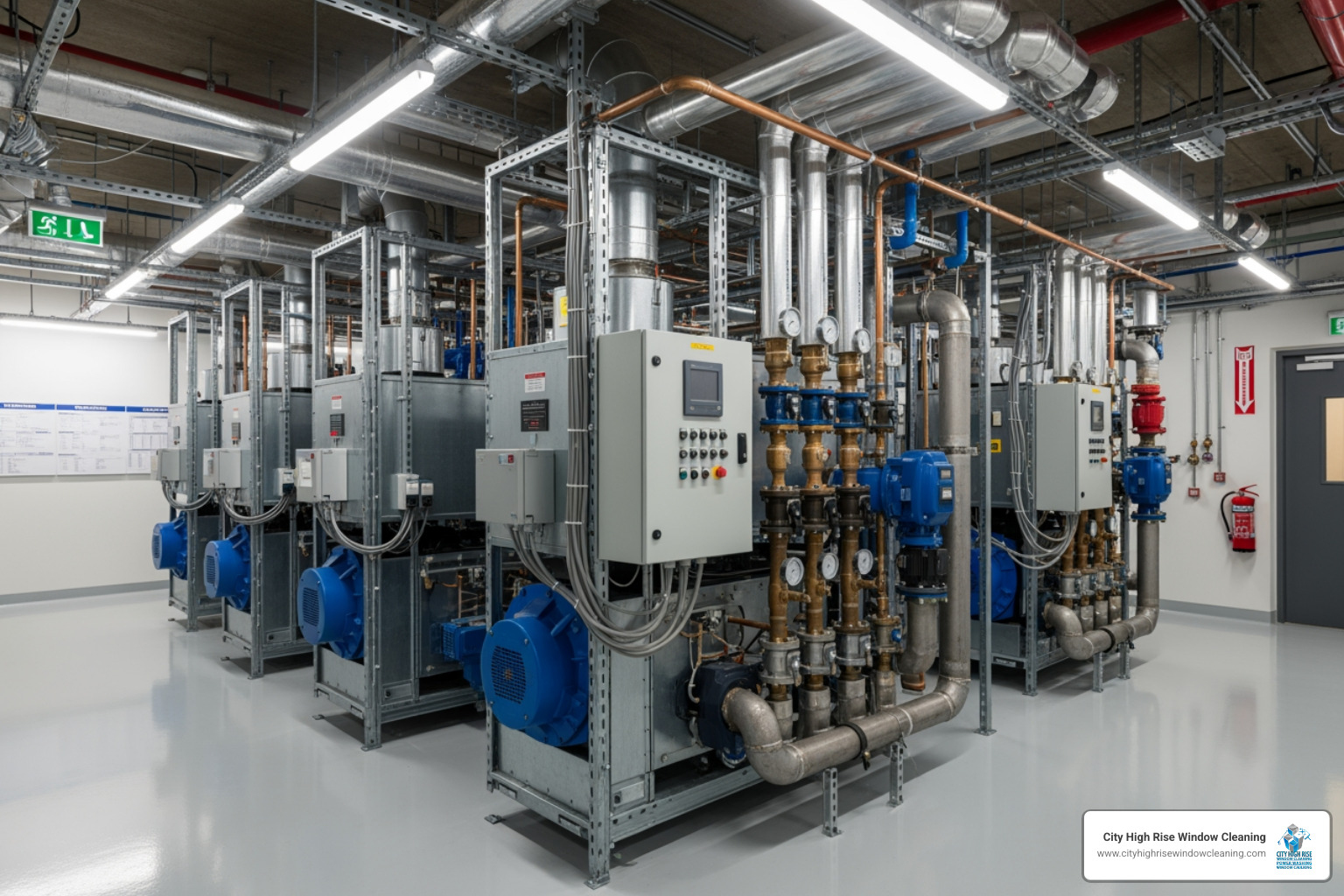 clean organized mechanical room HVAC units pipes - High-rise building maintenance clean organized mechanical room HVAC units pipes - High-rise building maintenance
