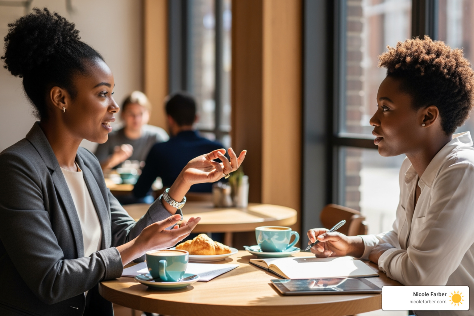 One-on-one coaching session between two Black women, showing a supportive and professional interaction in a cafe setting - black female business coaches