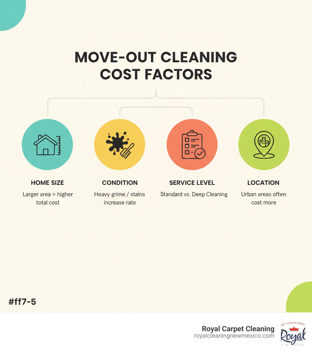 infographic showing four main factors affecting move-out cleaning cost: a house icon for Home Size, a dirt splatter for Condition, a checklist for Service Level, and a map pin for Location, with brief explanations under each - move out cleaning price per square foot infographic 