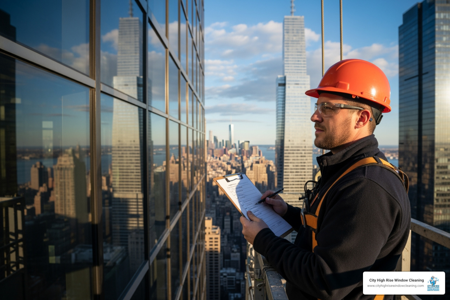 Maintenance professional with a checklist inspecting a Manhattan building facade - exterior building maintenance Maintenance professional with a checklist inspecting a Manhattan building facade - exterior building maintenance