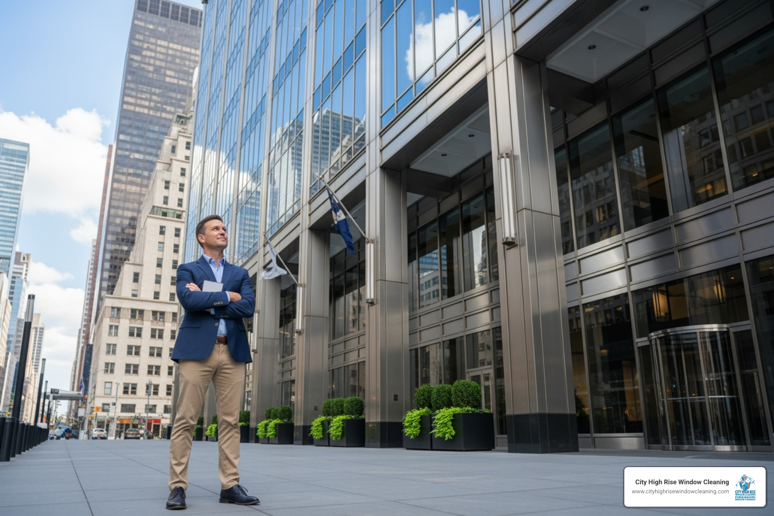 Building manager inspecting a freshly cleaned, modern exterior facade in New York City - exterior building maintenance Building manager inspecting a freshly cleaned, modern exterior facade in New York City - exterior building maintenance