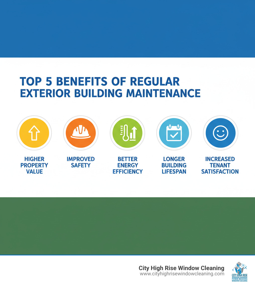 Infographic showing the top 5 benefits of regular exterior building maintenance: higher property value with an upward arrow, improved safety with a hard hat icon, better energy efficiency with a thermometer icon, longer building lifespan with a calendar icon, and increased tenant satisfaction with a happy face icon - exterior building maintenance infographic Infographic showing the top 5 benefits of regular exterior building maintenance: higher property value with an upward arrow, improved safety with a hard hat icon, better energy efficiency with a thermometer icon, longer building lifespan with a calendar icon, and increased tenant satisfaction with a happy face icon - exterior building maintenance infographic