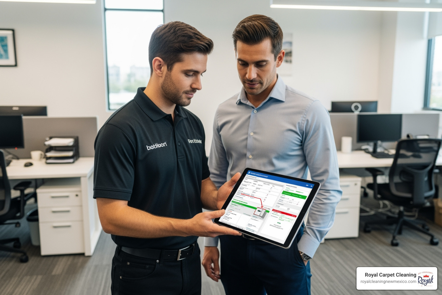 A uniformed technician using a tablet to show a business manager a carpet inspection report - business carpet cleaning