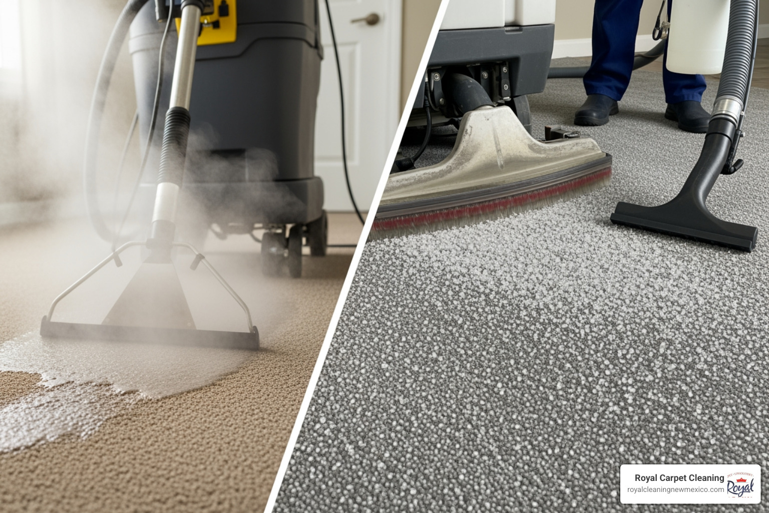 A graphic illustrating the differences between hot water extraction and low-moisture encapsulation carpet cleaning methods - business carpet cleaning