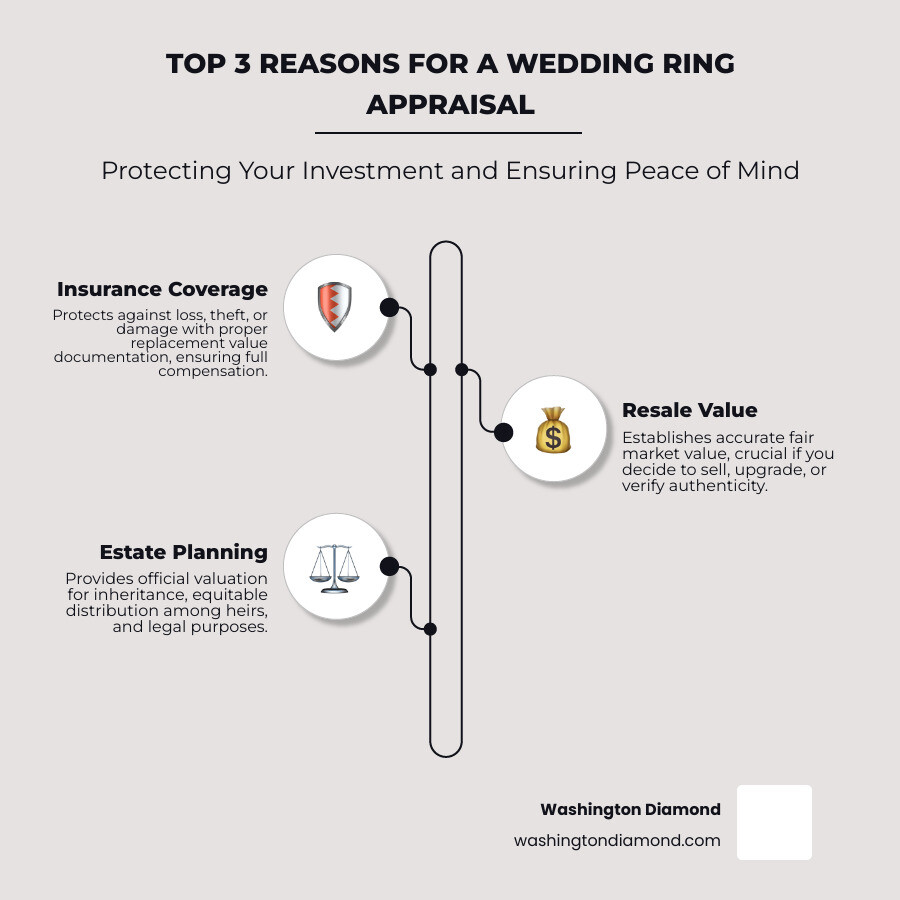 Infographic showing three main reasons to get a wedding ring appraisal: 1. Insurance Coverage - Protects against loss, theft, or damage with proper replacement value documentation. 2. Resale Value - Establishes accurate fair market value if you decide to sell or upgrade. 3. Estate Planning - Provides official valuation for inheritance and equitable distribution among heirs. - wedding ring appraisal cost infographic infographic-line-3-steps-elegant_beige Infographic showing three main reasons to get a wedding ring appraisal: 1. Insurance Coverage - Protects against loss, theft, or damage with proper replacement value documentation. 2. Resale Value - Establishes accurate fair market value if you decide to sell or upgrade. 3. Estate Planning - Provides official valuation for inheritance and equitable distribution among heirs. - wedding ring appraisal cost infographic infographic-line-3-steps-elegant_beige