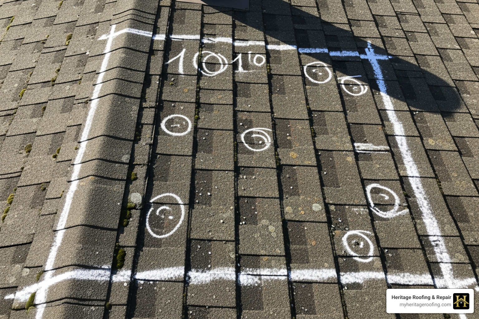 illustrating a chalked-off 10x10 test square on a roof - how much roof damage for insurance claim illustrating a chalked-off 10x10 test square on a roof - how much roof damage for insurance claim
