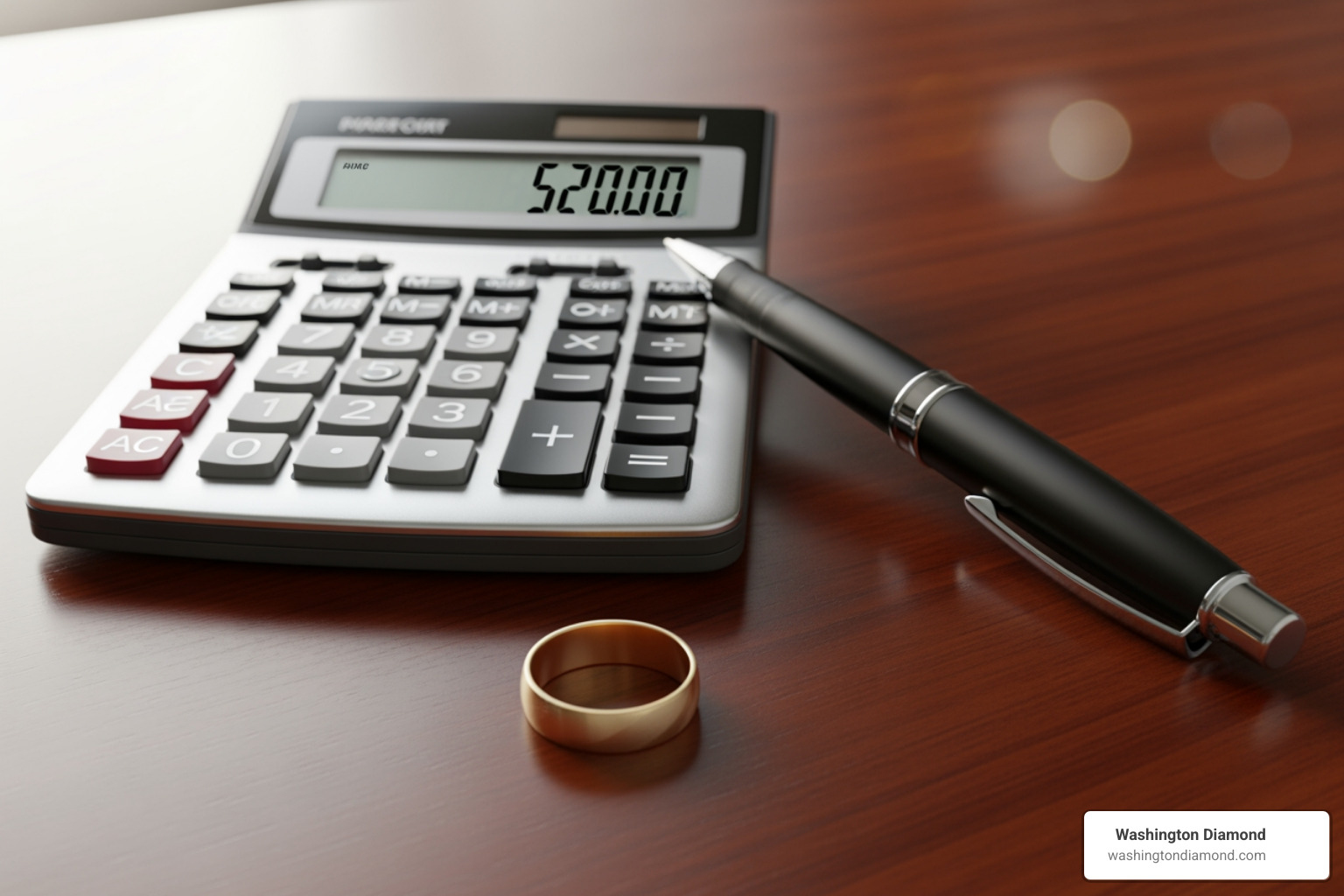 A calculator and a pen next to a wedding ring on a desk - wedding ring appraisal cost A calculator and a pen next to a wedding ring on a desk - wedding ring appraisal cost