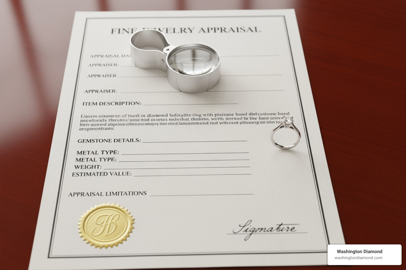 A detailed, official-looking jewelry appraisal document next to a wedding ring - wedding ring appraisal cost A detailed, official-looking jewelry appraisal document next to a wedding ring - wedding ring appraisal cost