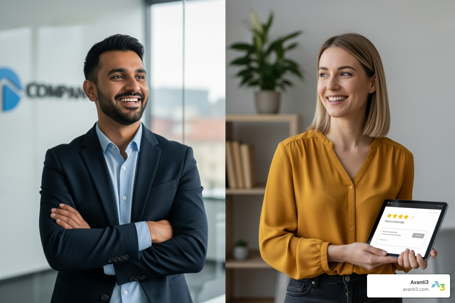 split screen showing a happy business owner and a happy customer - Tokenized loyalty programs