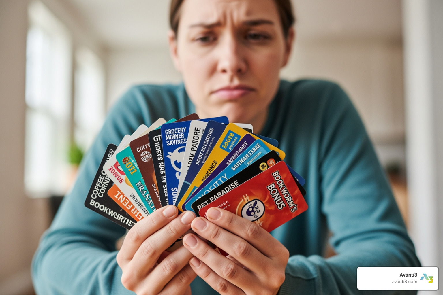 person looking unenthusiastically at multiple loyalty cards - Tokenized loyalty programs