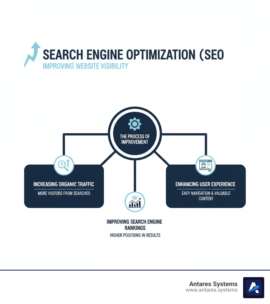 Infographic illustrating the core definition of Search Engine Optimization (SEO) as the process of improving website visibility in search results, broken down into its main goals: increasing organic traffic, improving search engine rankings, and enhancing user experience. - what is search engine optimization infographic Infographic illustrating the core definition of Search Engine Optimization (SEO) as the process of improving website visibility in search results, broken down into its main goals: increasing organic traffic, improving search engine rankings, and enhancing user experience. - what is search engine optimization infographic