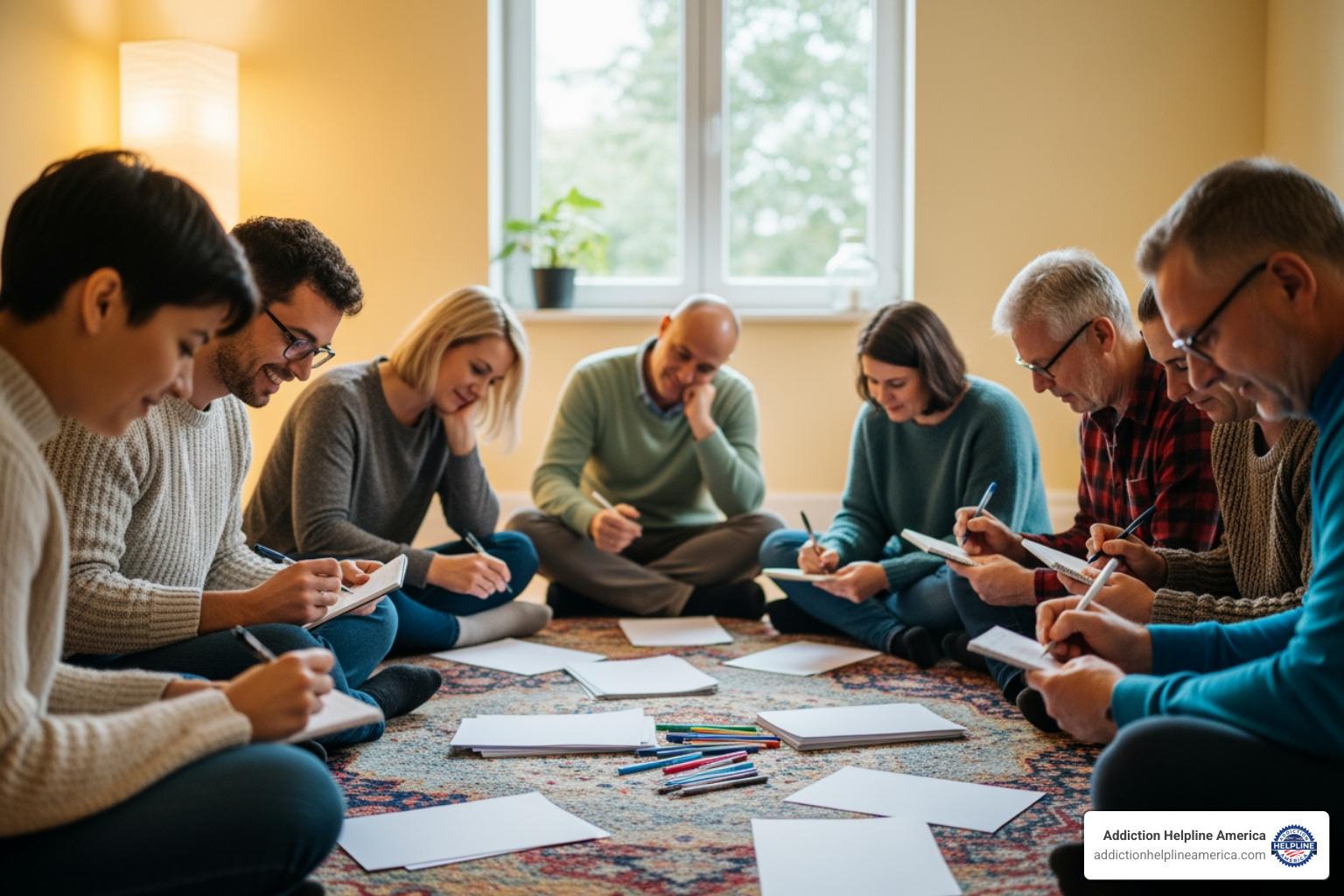diverse group of people sitting in a circle, writing letters - substance abuse interventionist diverse group of people sitting in a circle, writing letters - substance abuse interventionist