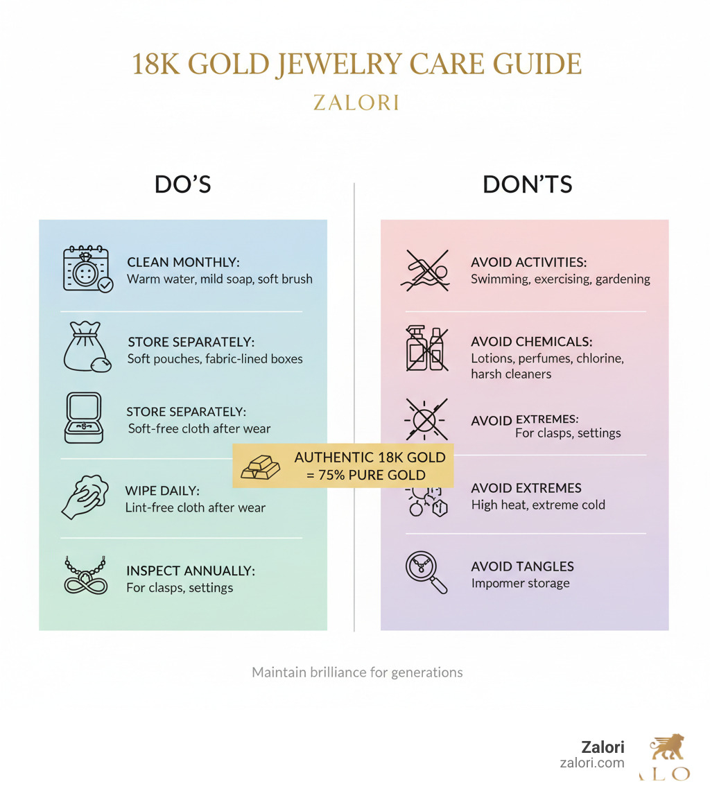Infographic showing essential do's and don'ts of 18k gold jewelry care, including cleaning frequency, storage methods, activities to avoid, recommended cleaning solutions, and inspection schedules - how to care for 18k gold jewelry infographic Infographic showing essential do's and don'ts of 18k gold jewelry care, including cleaning frequency, storage methods, activities to avoid, recommended cleaning solutions, and inspection schedules - how to care for 18k gold jewelry infographic