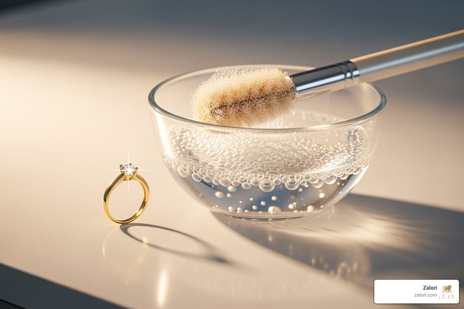 bowl with soapy water and a soft brush next to a gold ring - how to care for 18k gold jewelry bowl with soapy water and a soft brush next to a gold ring - how to care for 18k gold jewelry