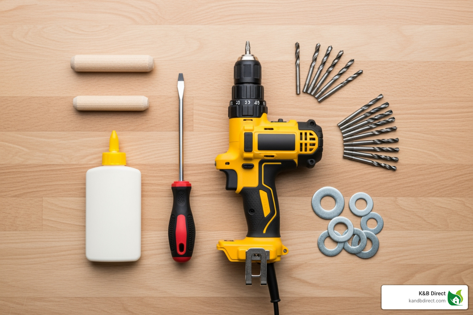 tools and materials like a screwdriver, drill, wood glue, dowel, and washers laid out - how to fix a bifold closet door knob tools and materials like a screwdriver, drill, wood glue, dowel, and washers laid out - how to fix a bifold closet door knob