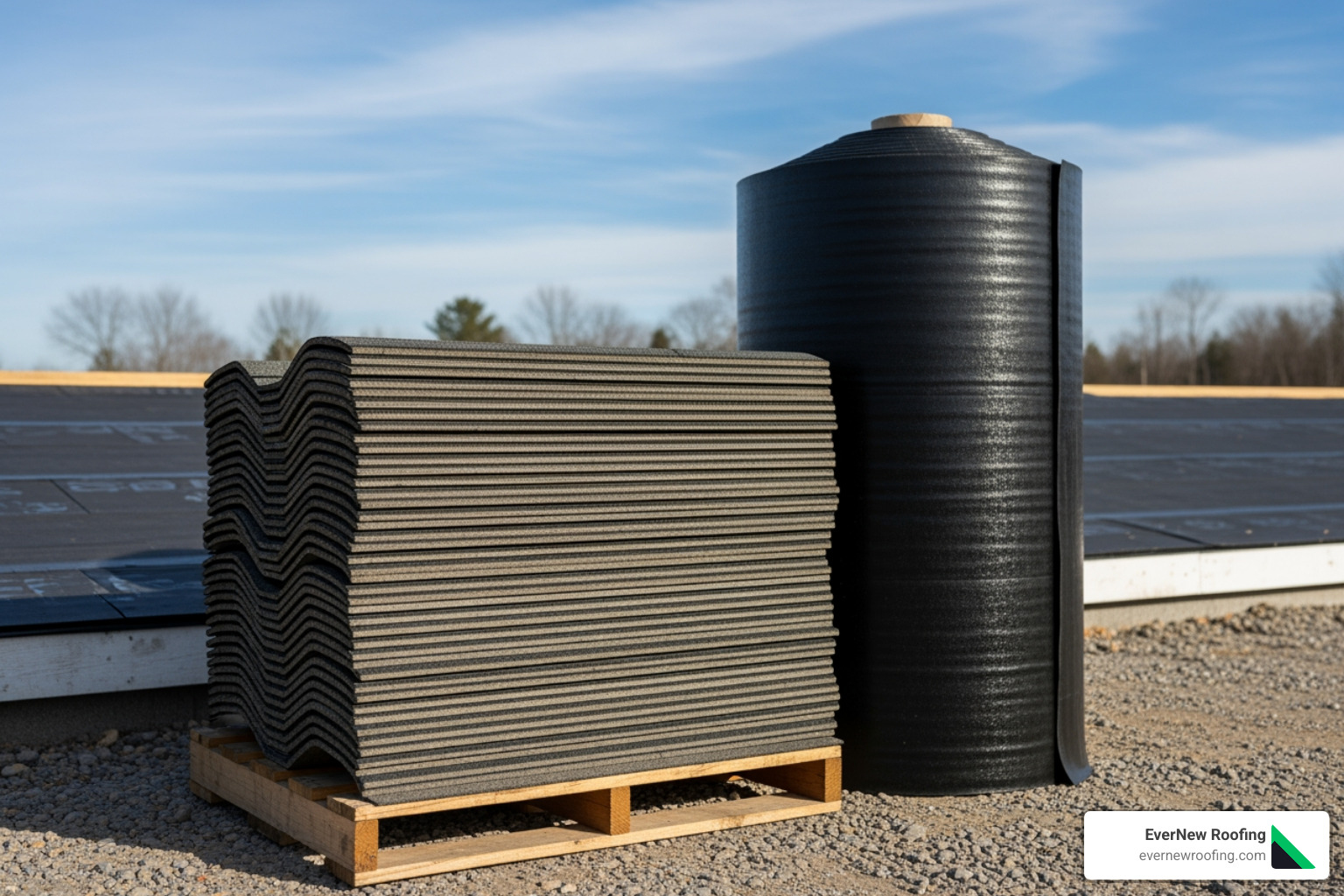 Stack of architectural asphalt shingles next to a roll of roofing material - Budget friendly roofing