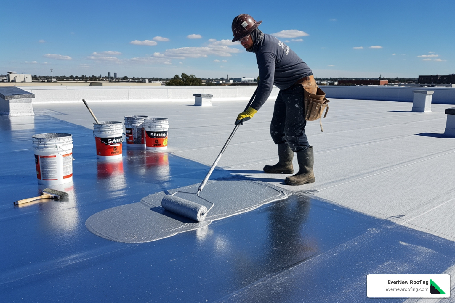Professional applying a reflective roof coating - Budget friendly roofing