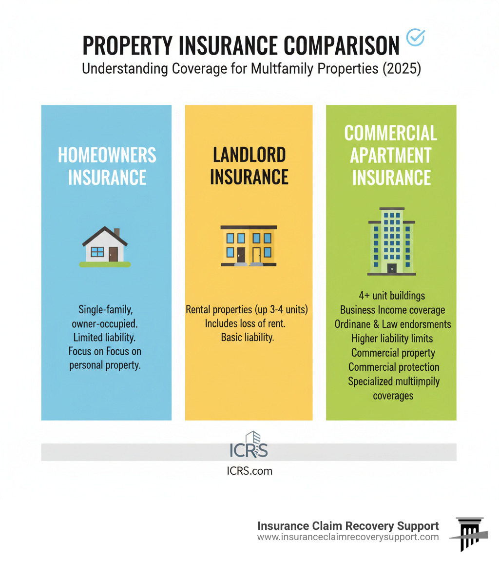 Infographic showing three columns comparing Homeowners Insurance (covers single-family owner-occupied homes, limited liability, personal property focus), Landlord Insurance (covers rental properties up to 3-4 units, includes loss of rent, basic liability), and Commercial Apartment Insurance (covers 4+ unit buildings, includes Business Income coverage, Ordinance and Law endorsements, higher liability limits, commercial property protection, and specialized coverages for multifamily operations) - Apartment complex insurance infographic 