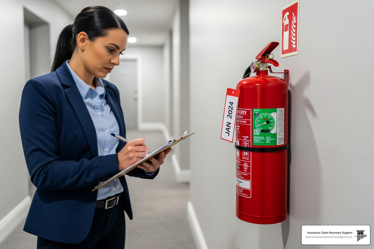 property manager inspecting a fire extinguisher - Apartment complex insurance