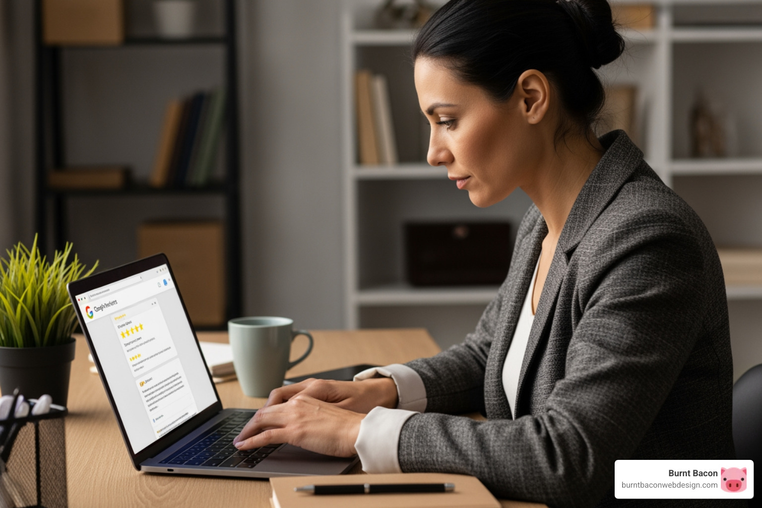 a business owner responding to a review on a laptop - online reputation monitor