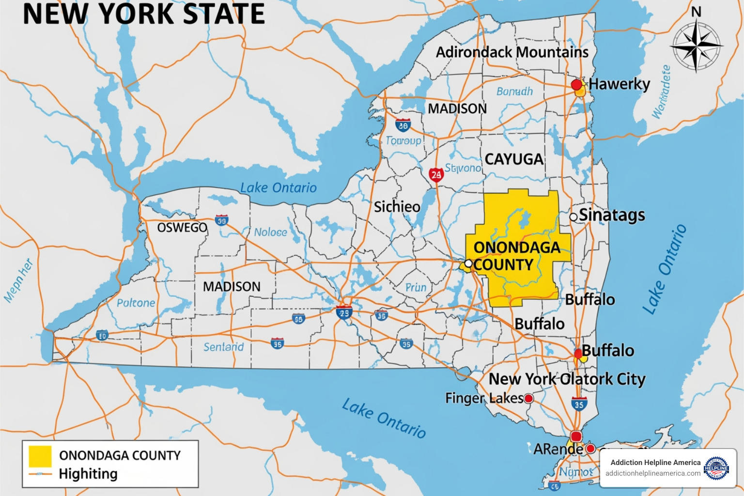 A map highlighting Onondaga County within New York State, showing its geographical context. - rehab in Syracuse NY