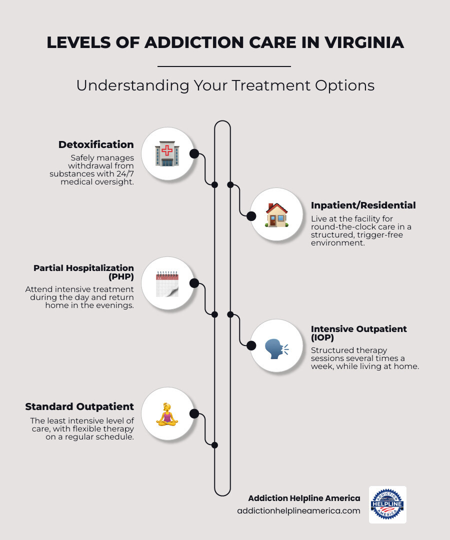 Infographic detailing levels of addiction care in Virginia: Detox (safely manages withdrawal), Inpatient/Residential (24/7 care in facility), Partial Hospitalization (PHP - structured day treatment), Intensive Outpatient (IOP - regular therapy sessions weekly), Outpatient (flexible therapy while living at home), and their characteristics - Virginia treatment centers infographic infographic-line-5-steps-elegant_beige