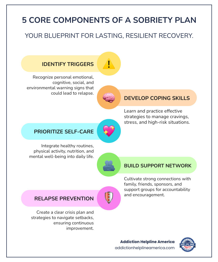 Infographic showing the 5 core components of a sobriety plan: 1. Identify Triggers & Warning Signs, 2. Develop Coping Strategies, 3. Prioritize Self-Care, 4. Build a Support Network, 5. Create a Relapse Prevention Plan - sobriety plan infographic infographic-line-5-steps-colors