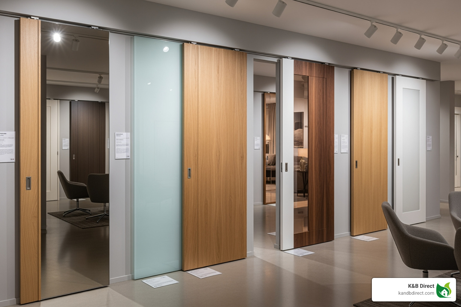 showroom displaying various sliding door materials like mirror, frosted glass, and wood - Modern sliding closet doors