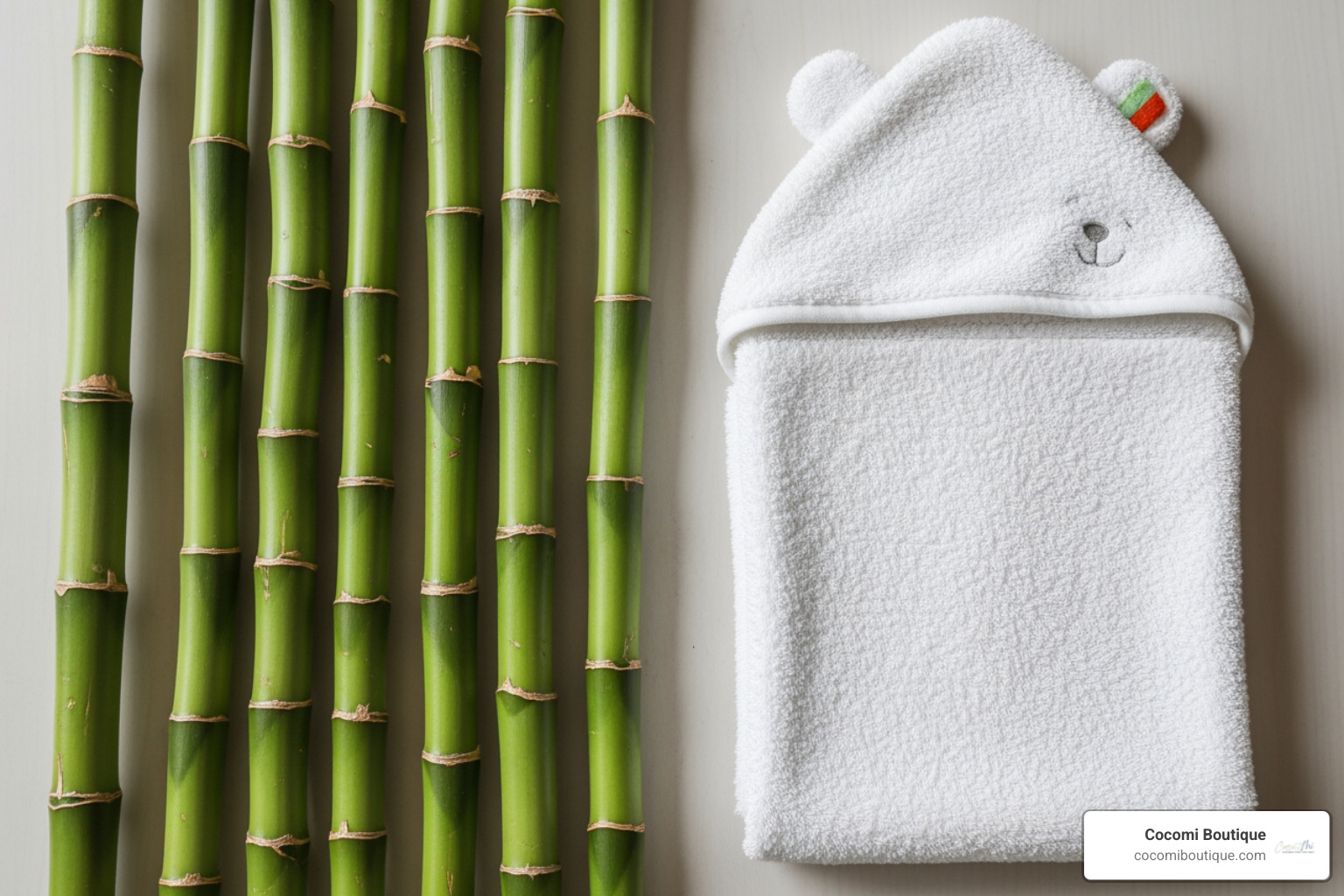 bamboo stalks next to a folded, plush baby towel - bamboo baby hooded towel