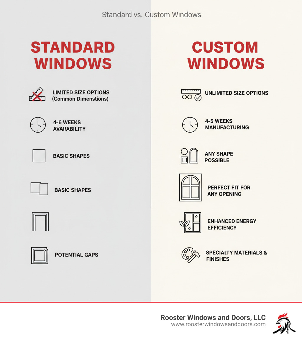 Infographic comparing standard vs custom windows: Standard windows show limited size options (common dimensions only), 4-6 week availability, basic shapes (rectangle/square), and potential gaps in non-standard openings. Custom windows show unlimited size options, 4-5 week manufacturing time, any shape possible (arches, circles, trapezoids), perfect fit for any opening, enhanced energy efficiency with tailored glass packages, and options for specialty materials and finishes. - custom size windows infographic 