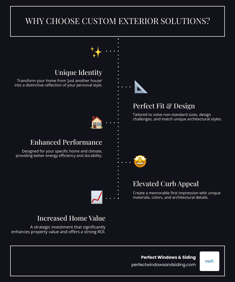 Infographic comparing standard vs custom exterior solutions: Standard shows limited sizes, basic colors, generic designs, and off-the-shelf availability. Custom shows any size or configuration, unlimited color options, unique architectural details, and tailored to your home's specific needs. Benefits of custom include perfect fit, distinctive appearance, better performance, and increased home value. - custom exterior solutions infographic infographic-line-5-steps-dark Infographic comparing standard vs custom exterior solutions: Standard shows limited sizes, basic colors, generic designs, and off-the-shelf availability. Custom shows any size or configuration, unlimited color options, unique architectural details, and tailored to your home's specific needs. Benefits of custom include perfect fit, distinctive appearance, better performance, and increased home value. - custom exterior solutions infographic infographic-line-5-steps-dark