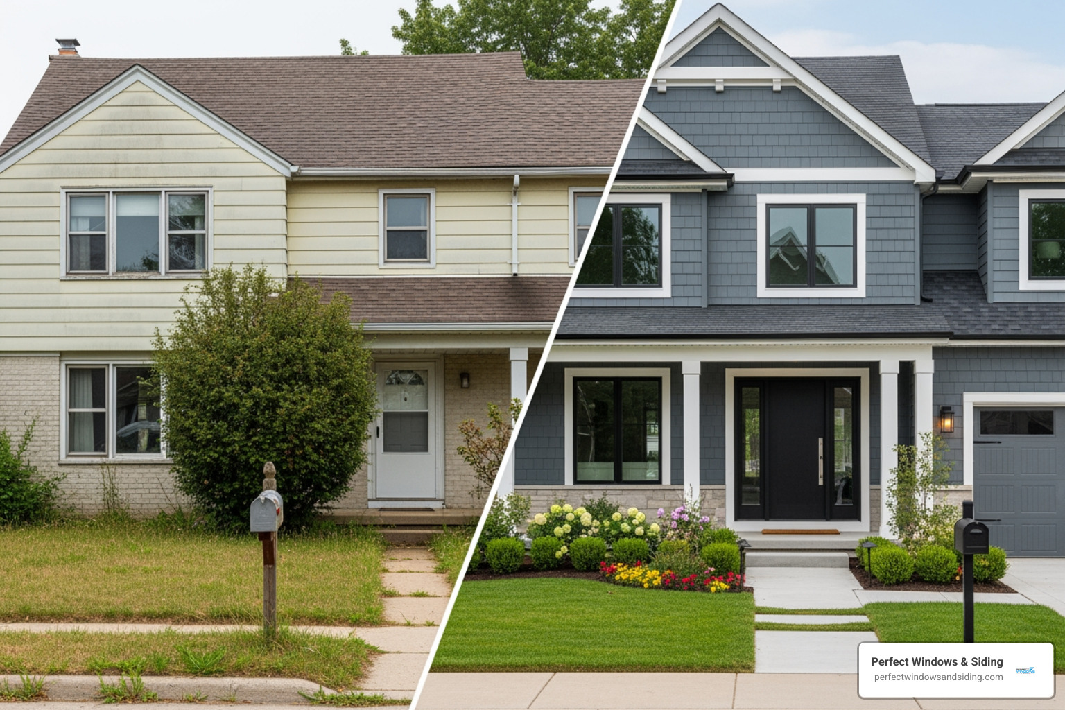 before-and-after exterior renovation on a suburban home - custom exterior solutions before-and-after exterior renovation on a suburban home - custom exterior solutions