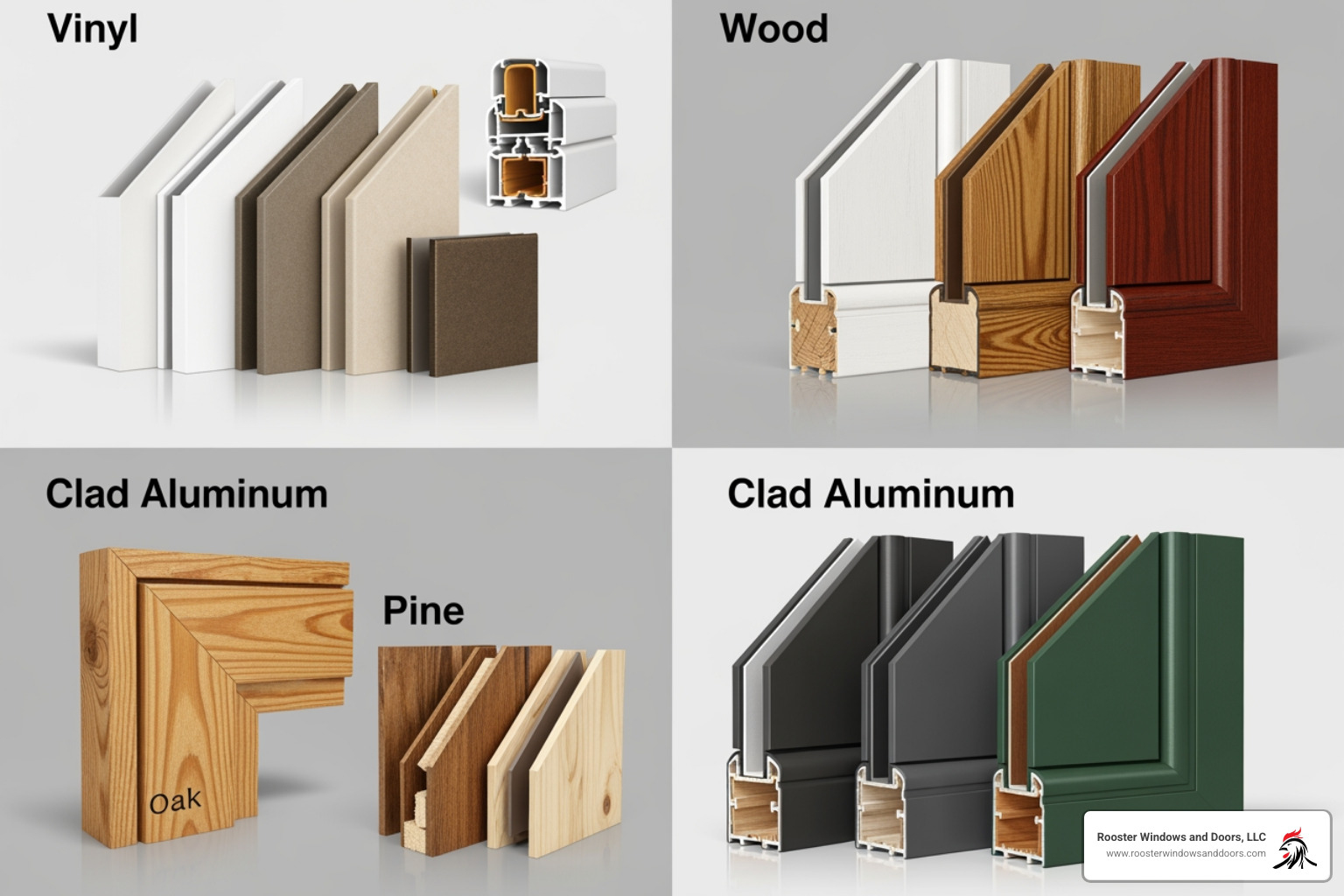 collage showcasing various window materials like vinyl, wood, and clad aluminum in different colors - custom size windows