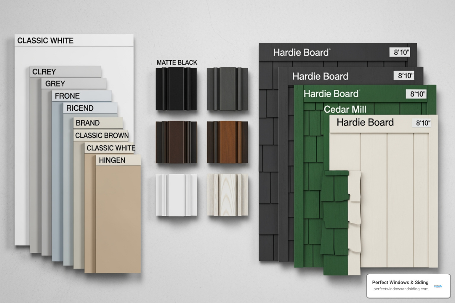 mood board showing various exterior materials like vinyl siding, Hardie board, and different window frame colors - custom exterior solutions mood board showing various exterior materials like vinyl siding, Hardie board, and different window frame colors - custom exterior solutions