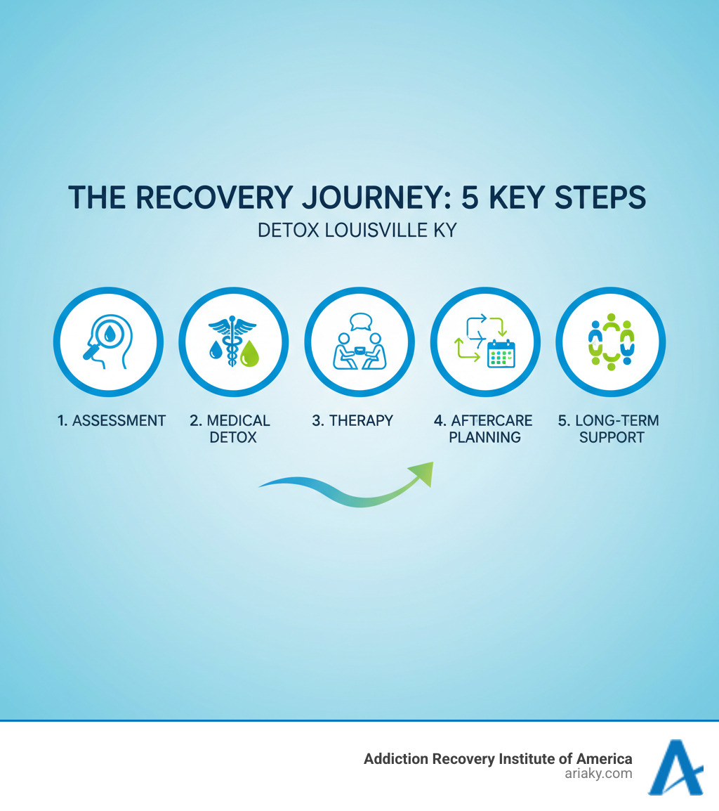 Infographic showing the 5 key steps of the detox and recovery journey: Assessment, Medical Detox, Therapy, Aftercare Planning, and Long-term Support - Detox Louisville KY infographic Infographic showing the 5 key steps of the detox and recovery journey: Assessment, Medical Detox, Therapy, Aftercare Planning, and Long-term Support - Detox Louisville KY infographic